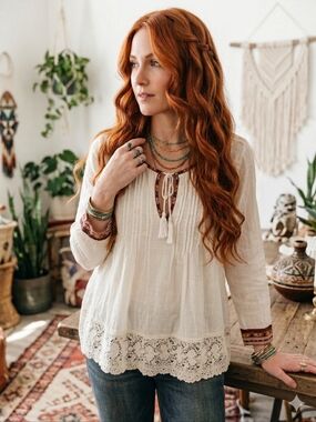 Joie Cream Boho Tunic with Floral Trim